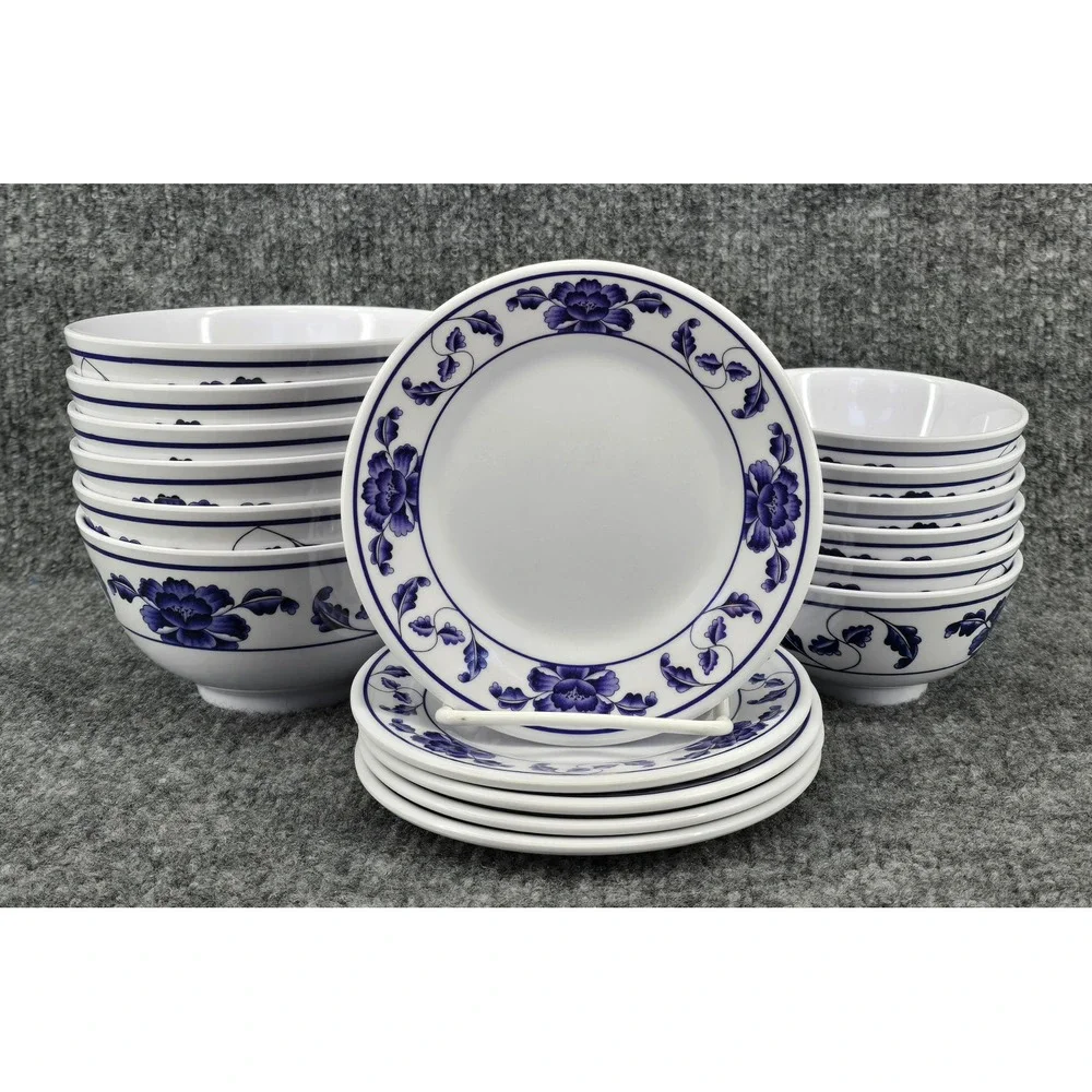 Tar-Hong Melamine Dinnerware Set 17pc White Blue Floral Bowls and Dessert Plates